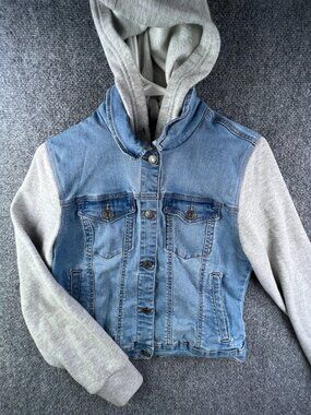 Wax Jean Denim Jacket Blue Gray Girls Large Stretch Buttons Long Sleeve Hooded